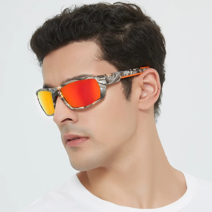 Man wearing Woodlands Polarized Sunglasses with camo-print frame and polarized lenses for glare-free vision.