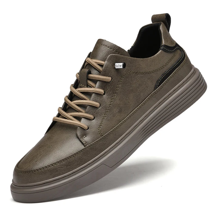 Genesis Leather Sneakers in olive green, featuring genuine leather, cushioned interior, and durable rubber sole.