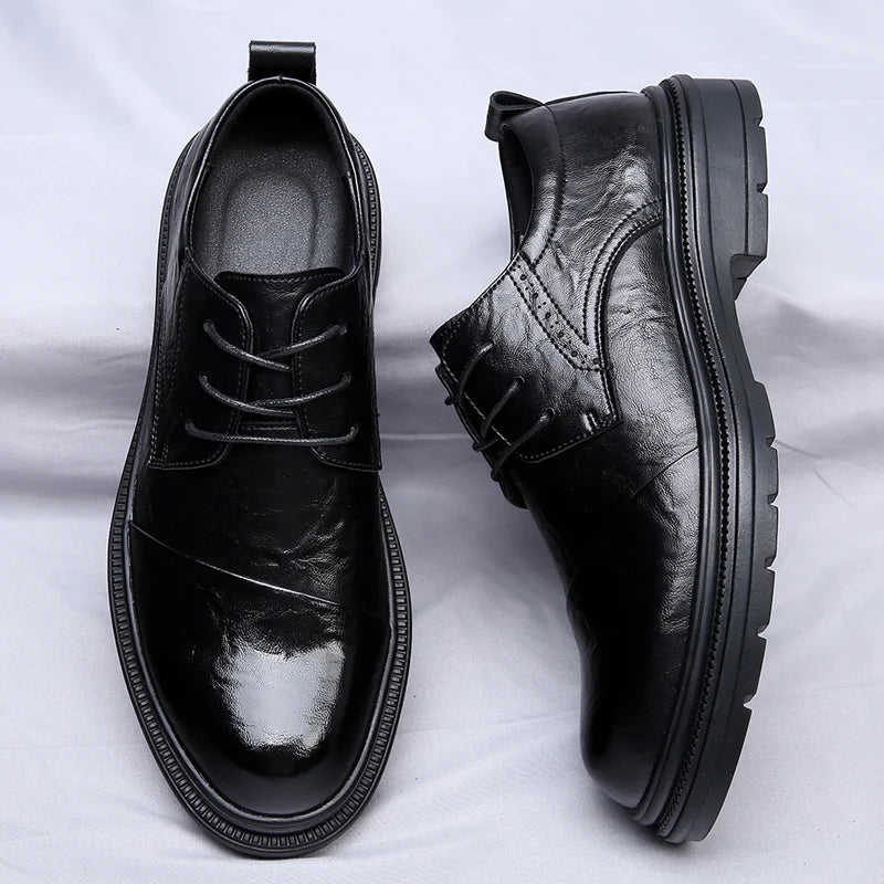 Soren Genuine Leather Shoes: sleek black lace-up design with polished finish, cushioned insole and durable rubber sole.