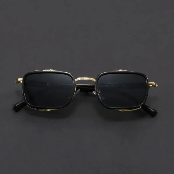 Elias Rectangle Frame Sunglasses featuring sleek polished metal frames and square lenses for modern style.