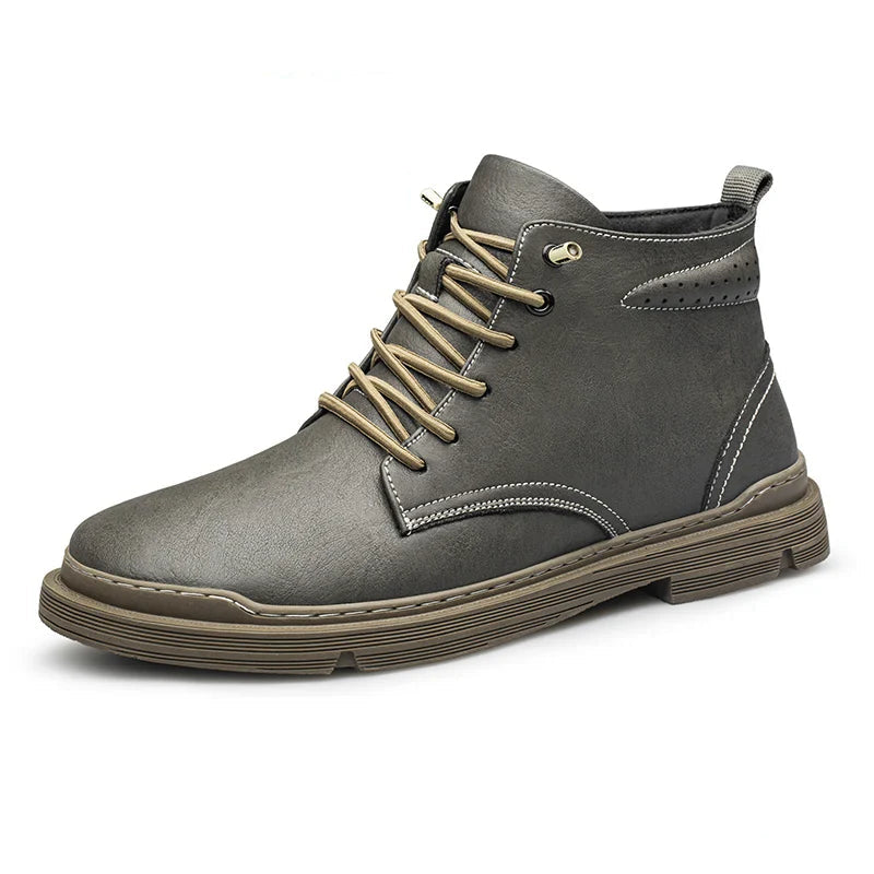 Wayfarer Genuine Leather Hi-Tops in gray with reinforced stitching and durable rubber sole.