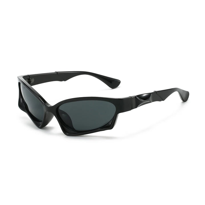 Astro Sunglasses featuring alien-inspired angular frame and dark UV-protective lenses for comfort and style.