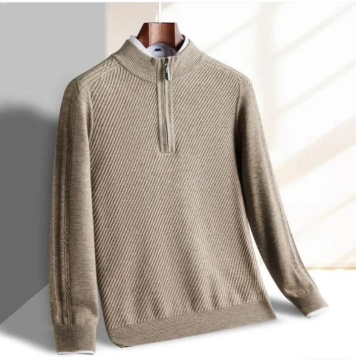 Windsor Quarter-Zip knitted sweater in beige with textured diagonal pattern, offering warmth, comfort, and a tailored slim fit.