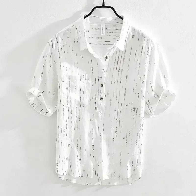Baxton Casual Button-Up Shirt featuring lightweight fabric, vertical print, rolled sleeves, and relaxed fit.