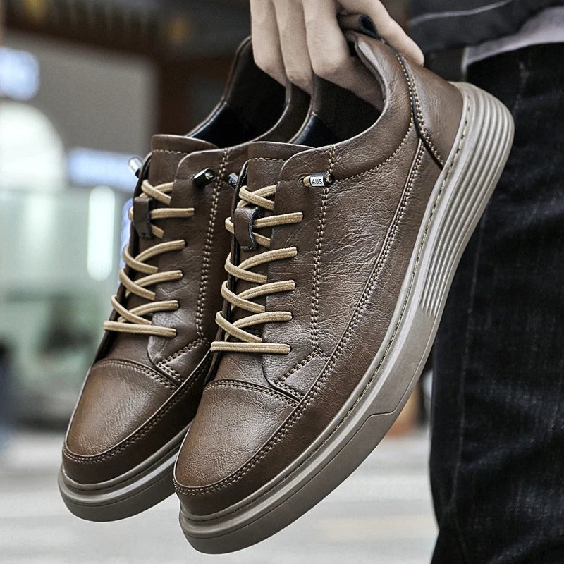 Aristo Oxford Shoes: Brown genuine leather low-top sneakers with bold laces and cushioned sole, perfect for casual or formal wear.