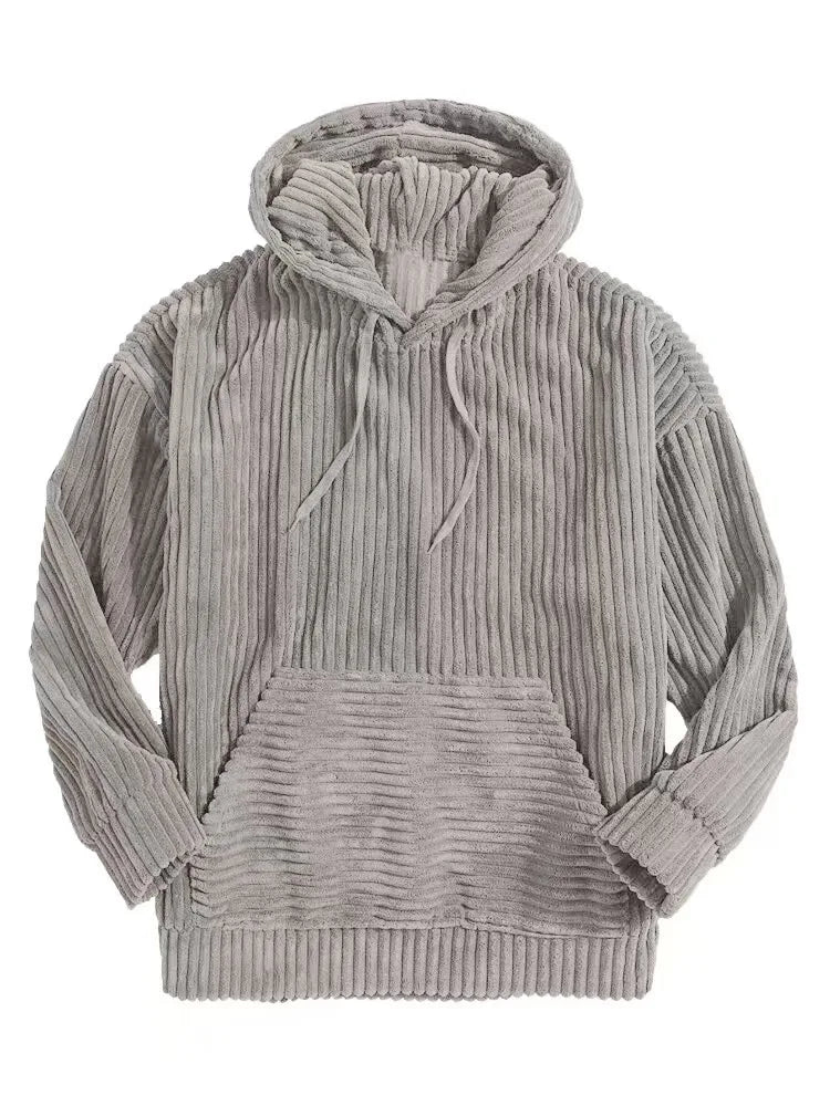 Summit Corduroy Hoodie in soft gray ribbed fabric with cozy hood and front pocket for ultimate comfort.