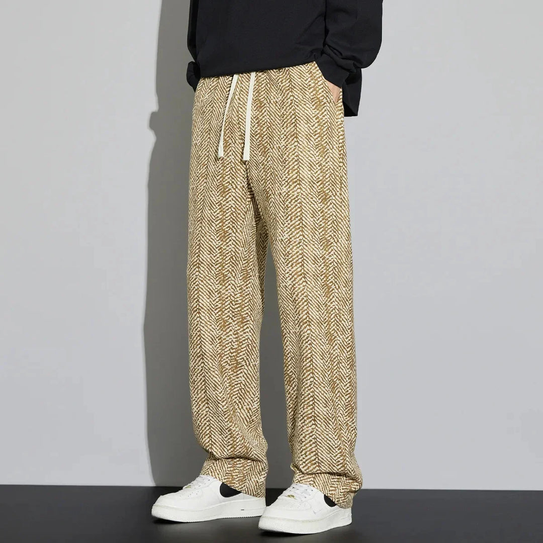 Lennox Cotton Linen Pants in woven herringbone texture, featuring a relaxed fit and adjustable drawstring waist.
