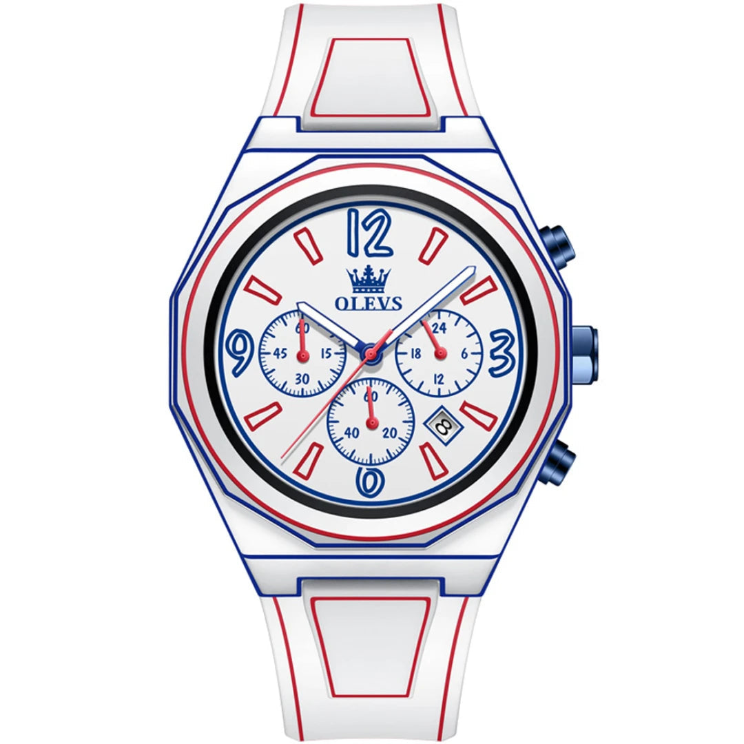 Hypervisual Watch with bold color contrast, 3D design, and multi-function chronograph features.