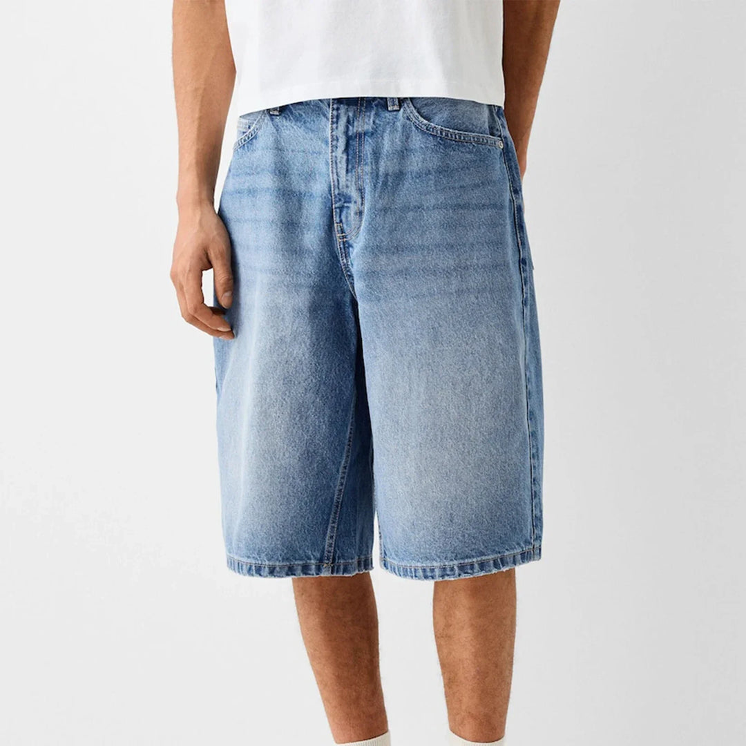 Men's straight denim shorts in light blue, featuring a relaxed fit and soft washed midweight fabric.