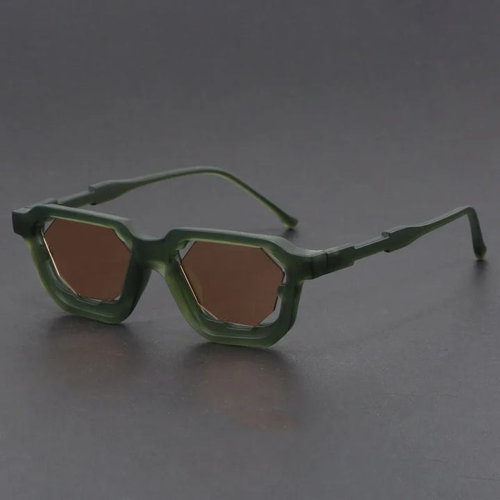 Vantor Sunglasses with sharp geometric design, thick edges, UV400 protection, ergonomic fit in green frame.