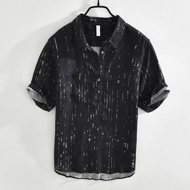 Baxton Casual Button-Up Shirt with vertical print, short sleeves, and relaxed fit for breathable comfort.