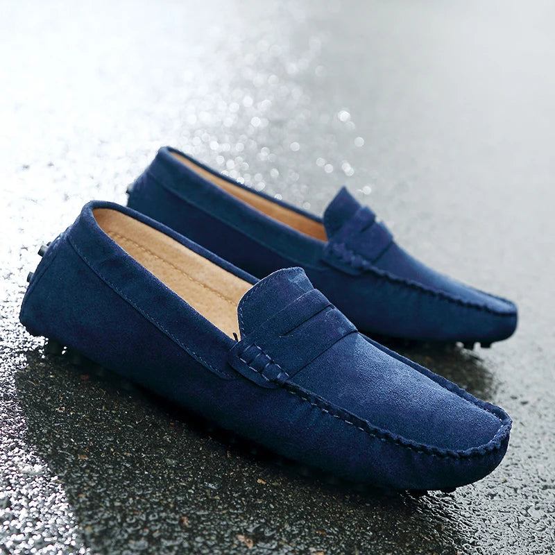 Grazia Suede Loafers in navy blue, showcasing authentic cow suede and precision hand-stitched detailing.