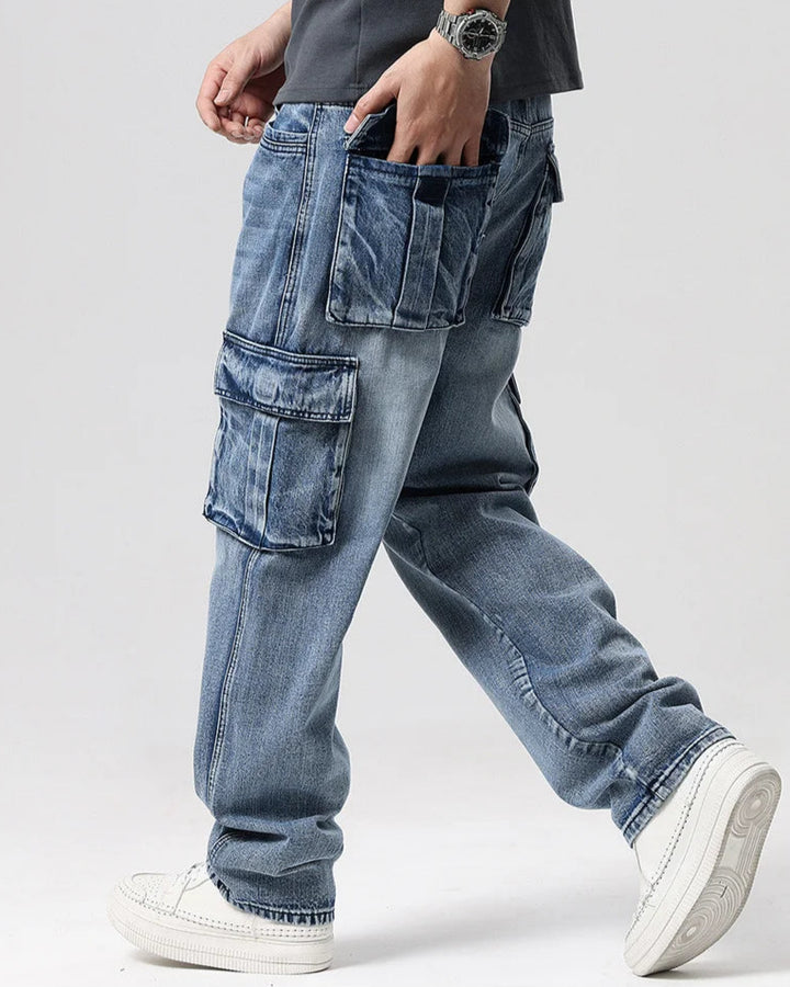 Ryder Washed Cargo Jeans showcasing oversized pockets and relaxed fit in lightweight denim, perfect for casual style.