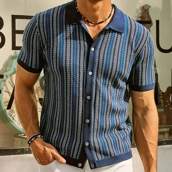 Beaumont Men's Button-Up Shirt in vintage herringbone stripes, crafted from breathable organic cotton.