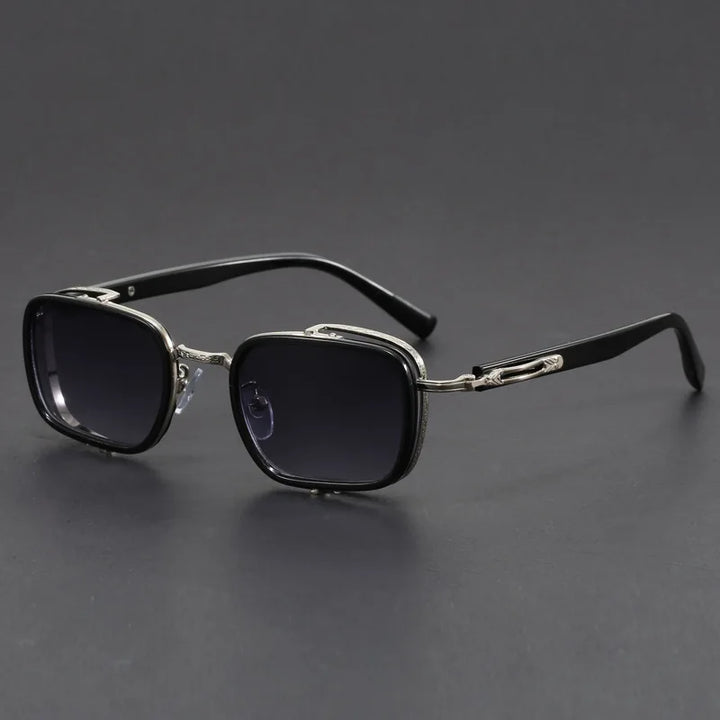 Elias Rectangle Frame Sunglasses with sleek polished metal frames and dark lenses, designed for UV protection and comfort.