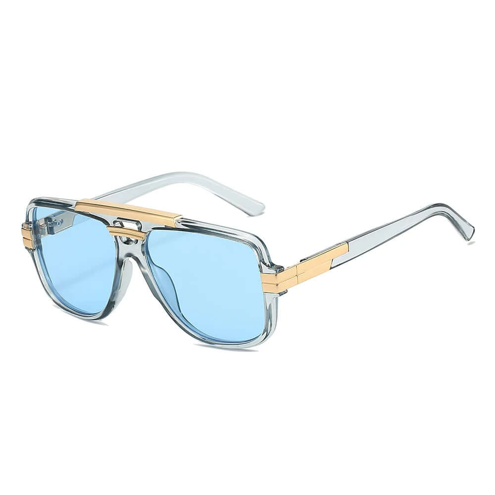 Stellar Double Bridge Sunglasses in clear frame with blue lenses, designed for comfort and UV400 protection.