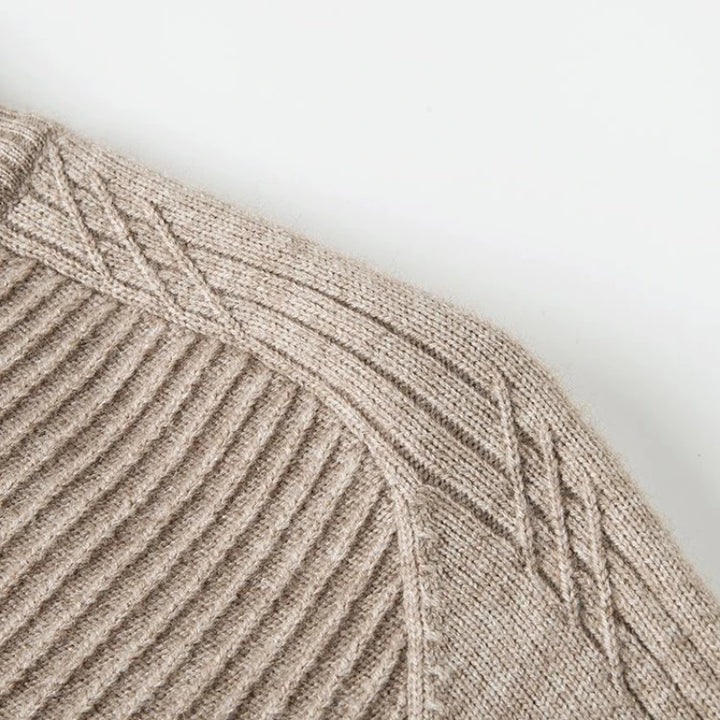 Close-up of Windsor Quarter-Zip sweater showcasing textured fabric and tailored slim-fit design.