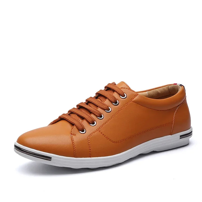 Paxton low-top comfort sneakers in tan leather, featuring memory foam insoles and lightweight design for all-day ease.