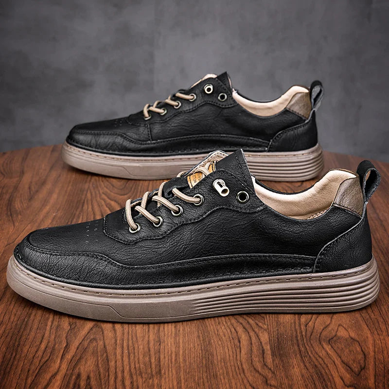 Alvo Genuine Leather Sneakers in black, featuring hand-stitched details and responsive sole for comfort and style.