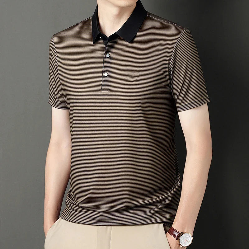 Eden Striped Polo in high-stretch fabric with contrast collar and micro-stripe pattern, designed for modern, athletic fits.