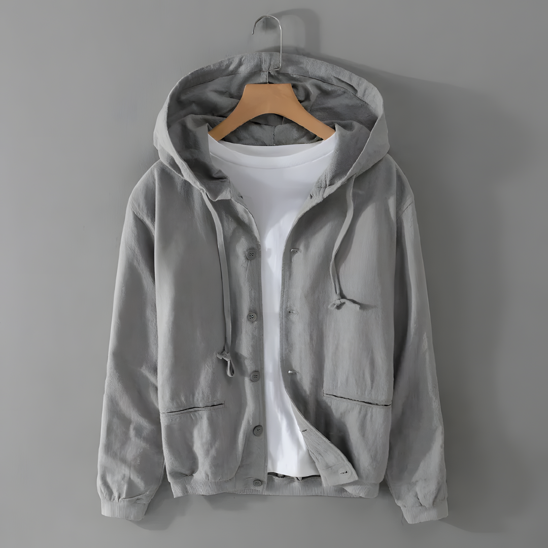 Element Linen Hoodie in gray, showcasing a roomy hood, front button closure, and soft linen-cotton blend fabric.