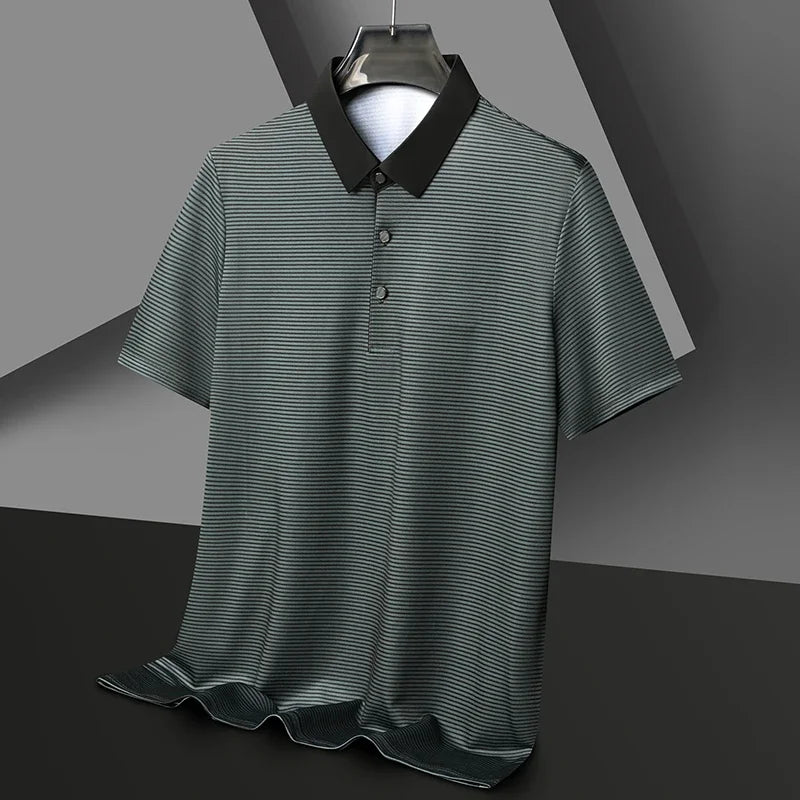 Eden Striped Polo featuring high-stretch fabric, bold contrast collar, and sharp micro-stripe texture for a modern look.