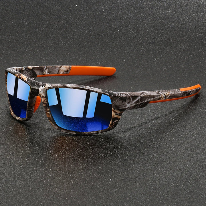 Woodlands Polarized Sunglasses with camo-print and blue mirrored lenses, offering UV 400 protection and lightweight design.