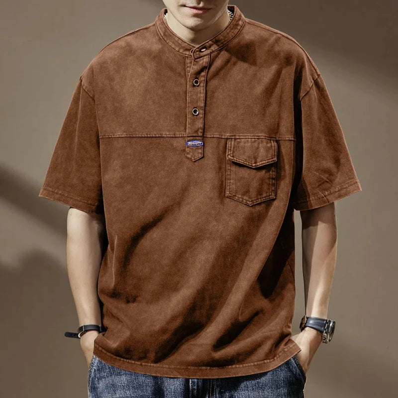 Orin Men's Faded Shirt featuring a mandarin collar, utility pocket, and modern relaxed fit in a vintage wash.