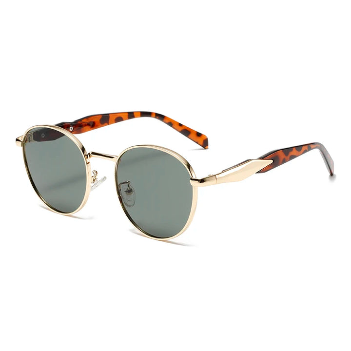 Bold round-frame sunglasses with tortoiseshell arms and metal accents, offering UV400 protection and retro style.