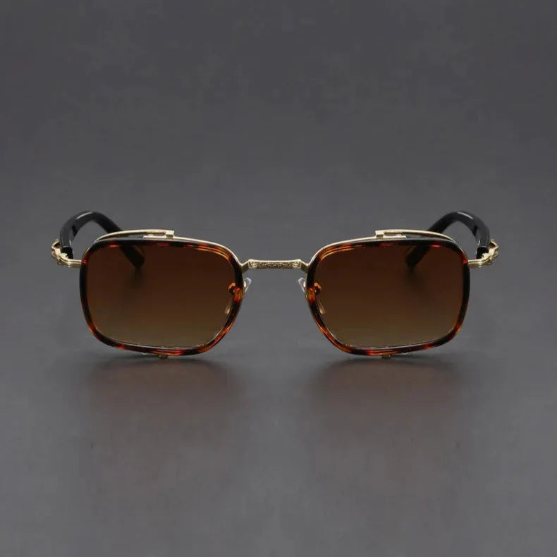 Elias Rectangle Frame Sunglasses with brown lenses, sleek metal frames, and adjustable nose cushions for comfort.