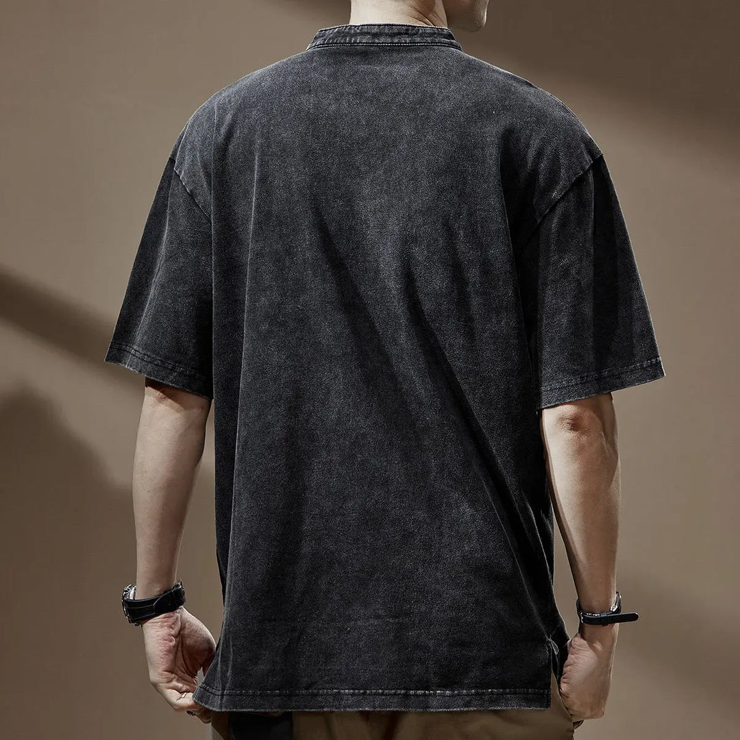 Back view of Orin Men's Faded Shirt showcasing its vintage wash and relaxed fit with dropped shoulders.