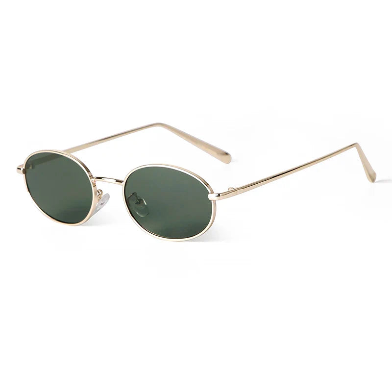 Orin Oval Frame Sunglasses with a polished metallic finish and green lenses, featuring UV protection and ergonomic fit.