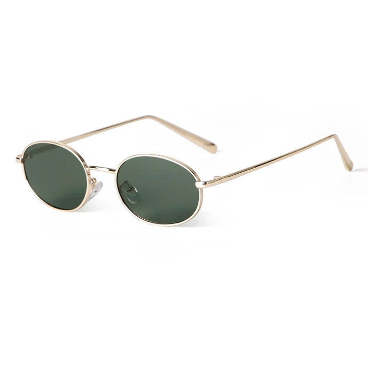 Orin Oval Frame Sunglasses with a polished metallic finish and green lenses, featuring UV protection and ergonomic fit.