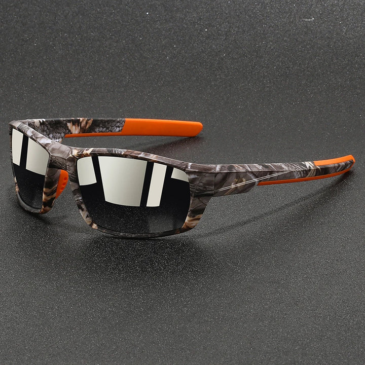 Woodlands polarized sunglasses with camo-print design and reflective lenses for glare-free vision in outdoor activities.