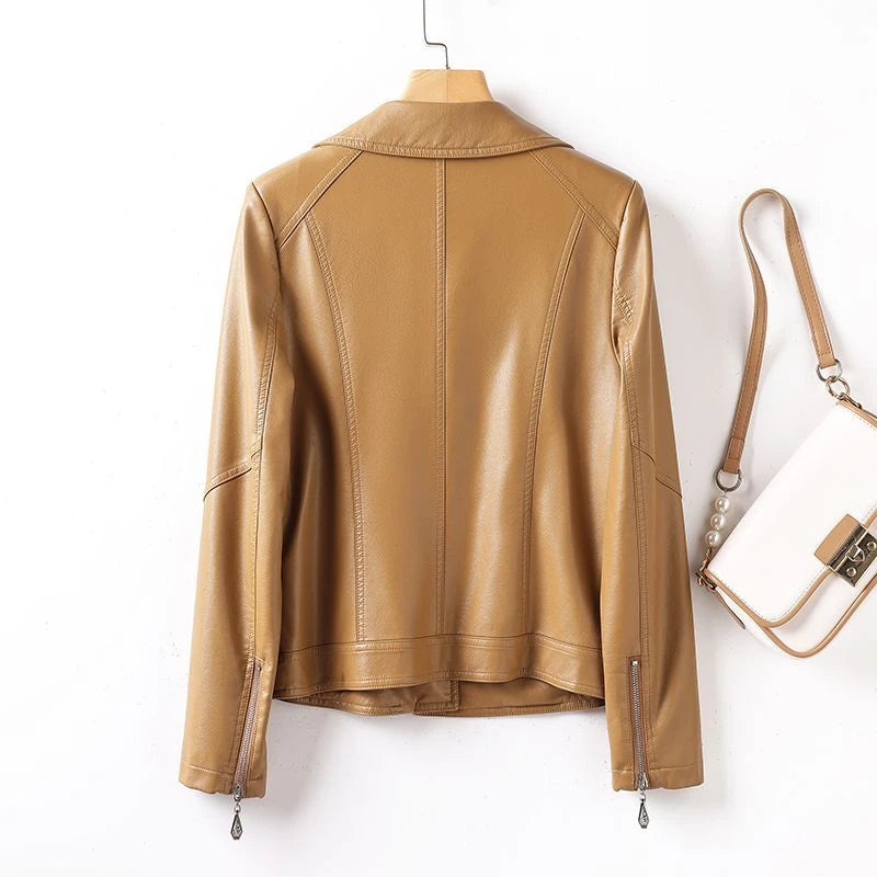 Brown leather jacket on a hanger with a white background