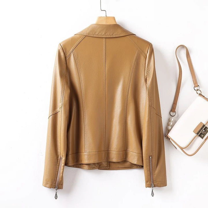 Brown leather jacket on a hanger with a white background
