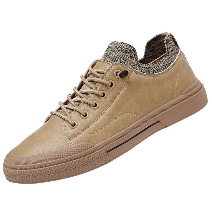 Prime Leather Knit Sneakers in beige, featuring a flexible knit collar and durable rubber sole for comfort and style.