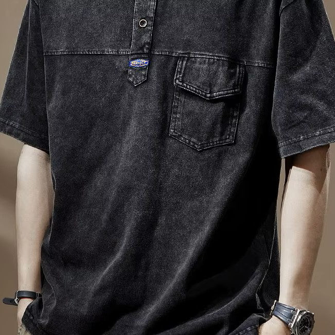 Orin Men's Faded Shirt in dark wash with utility pocket and mandarin collar, showcasing a relaxed fit and modern style.