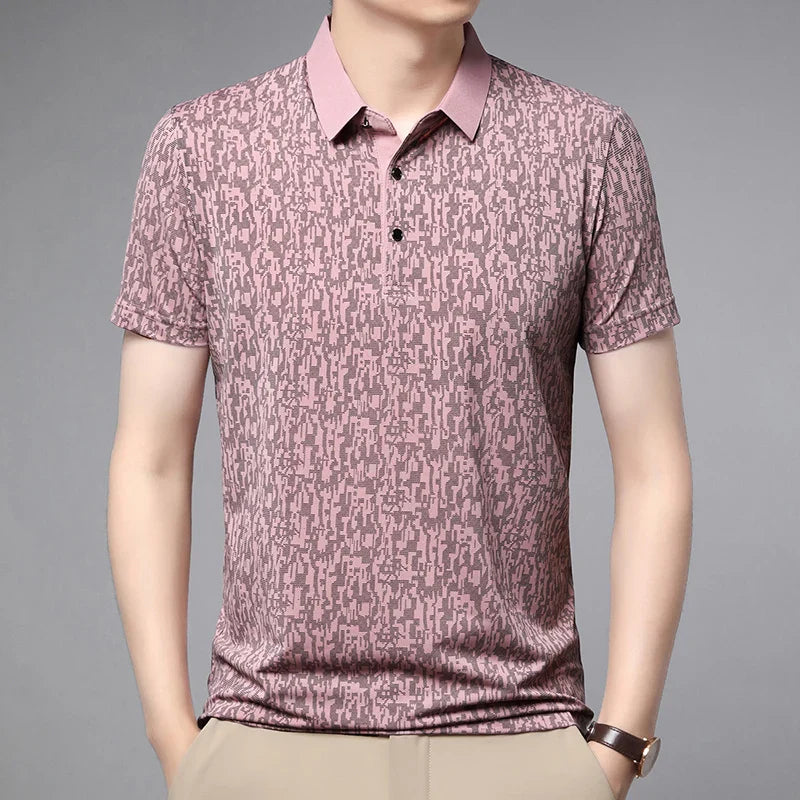Auren Men's Jacquard Polo Shirt in textured pink, showcasing breathable knit and structured collar for stylish comfort.