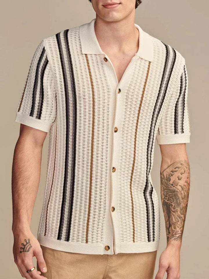 Vera Men's Knitted Shirt with vertical stripes, textured knit for breathability, and sharp collar for comfort and style.
