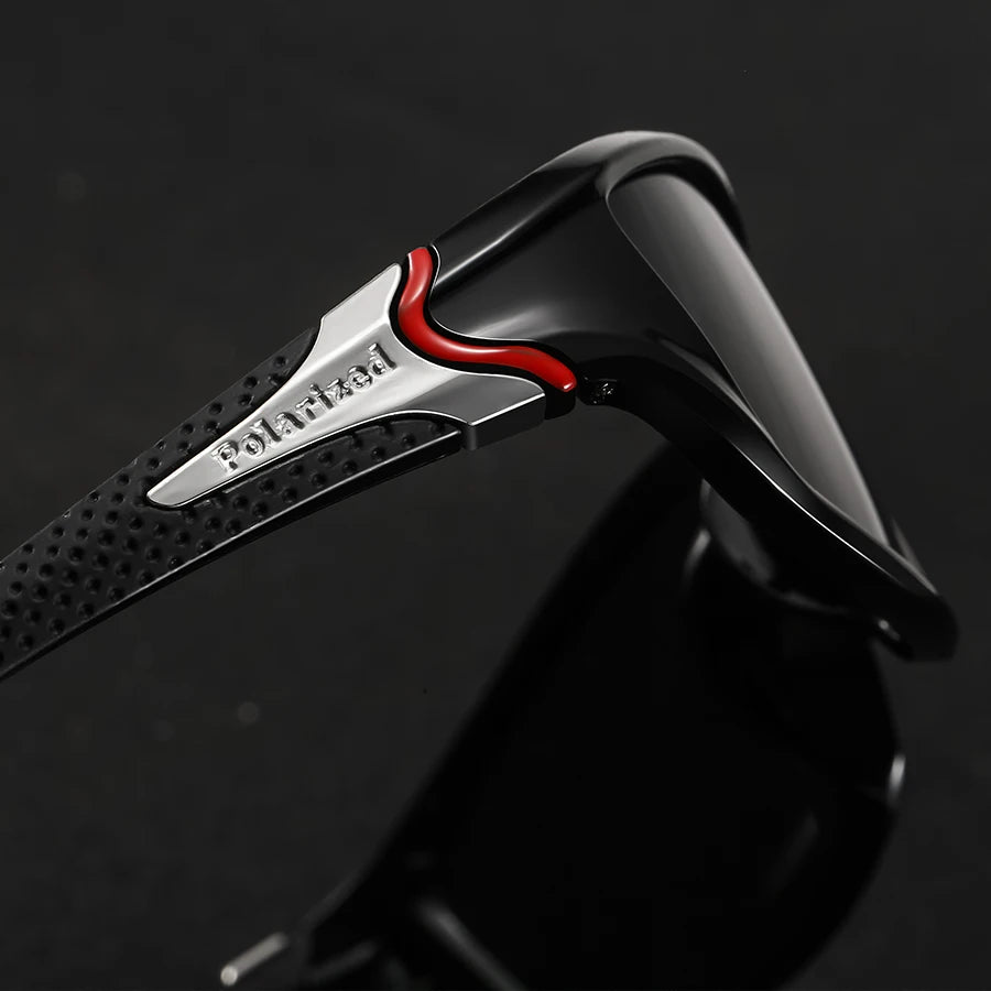 Close-up of Nitro Polarized Sunglasses showcasing sleek wraparound frame and rubberized temple grip.