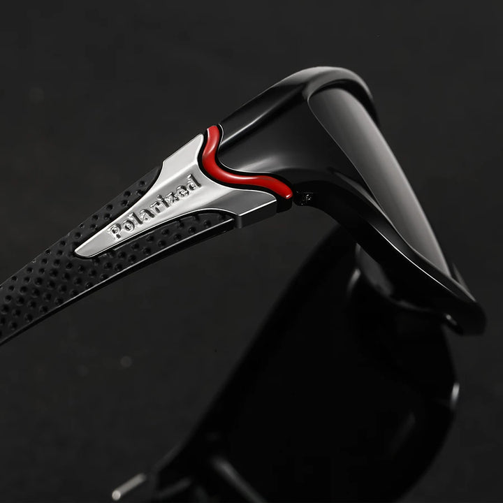Close-up of Nitro Polarized Sunglasses showcasing sleek wraparound frame and rubberized temple grip.