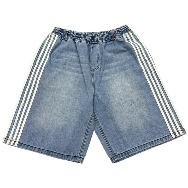 Jax Denim Shorts featuring bold side stripes and elastic waistband for a relaxed, sporty look.