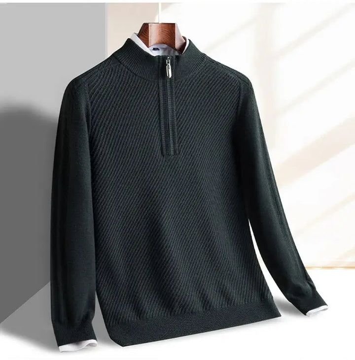 Windsor Quarter-Zip knitted sweater in dark green with textured diagonal pattern and tailored slim-fit design.