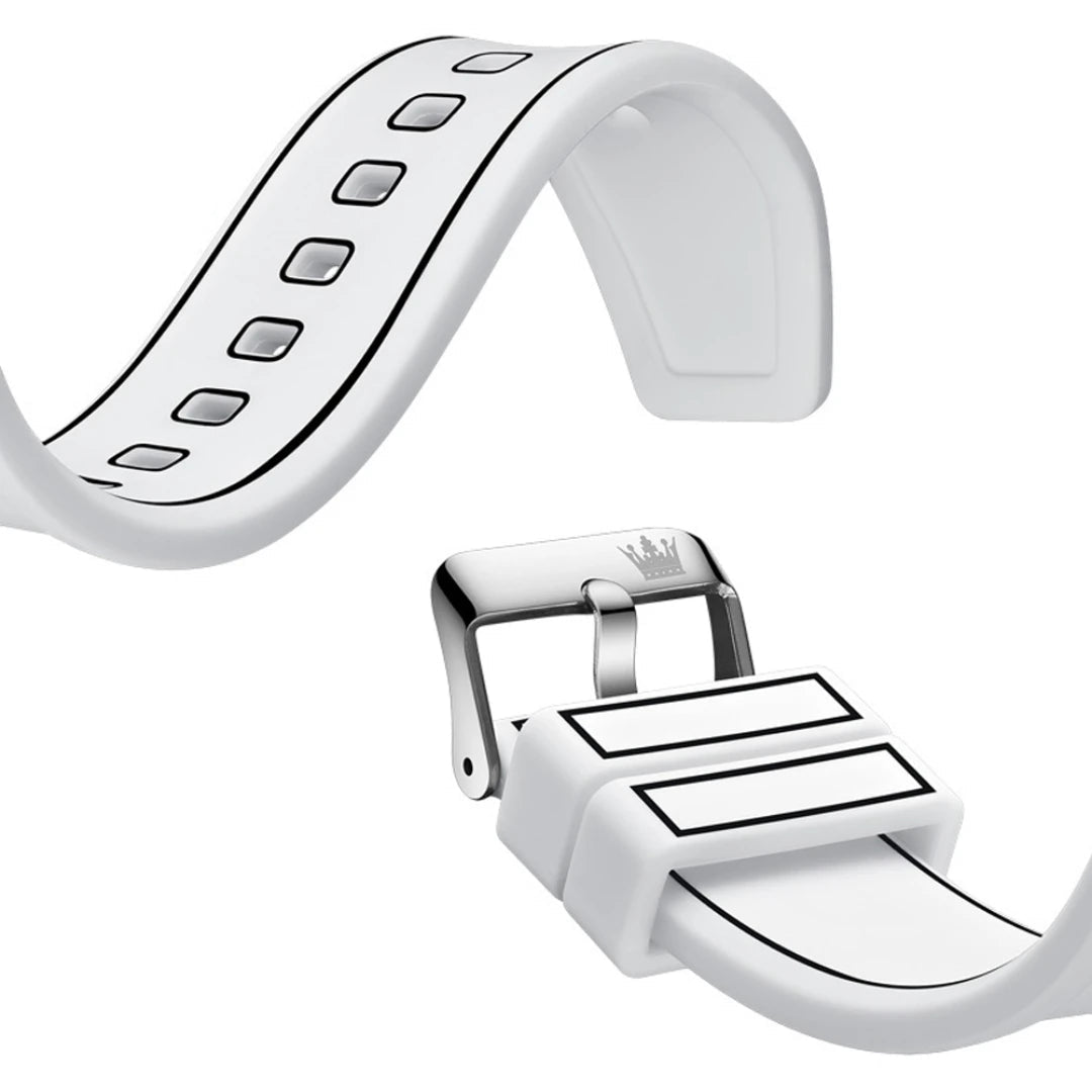 White watch strap with black accents and a silver buckle, showcasing a flexible and stylish design.