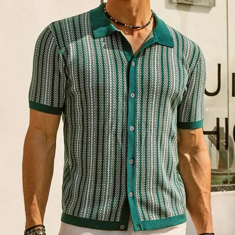 Beaumont men's button-up shirt in vintage herringbone stripes, showcasing a stylish and comfortable look for laid-back days.
