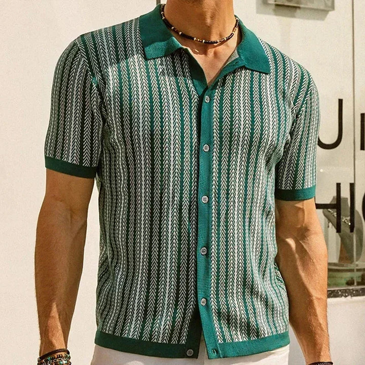 Beaumont men's button-up shirt in vintage herringbone stripes, showcasing a stylish and comfortable look for laid-back days.