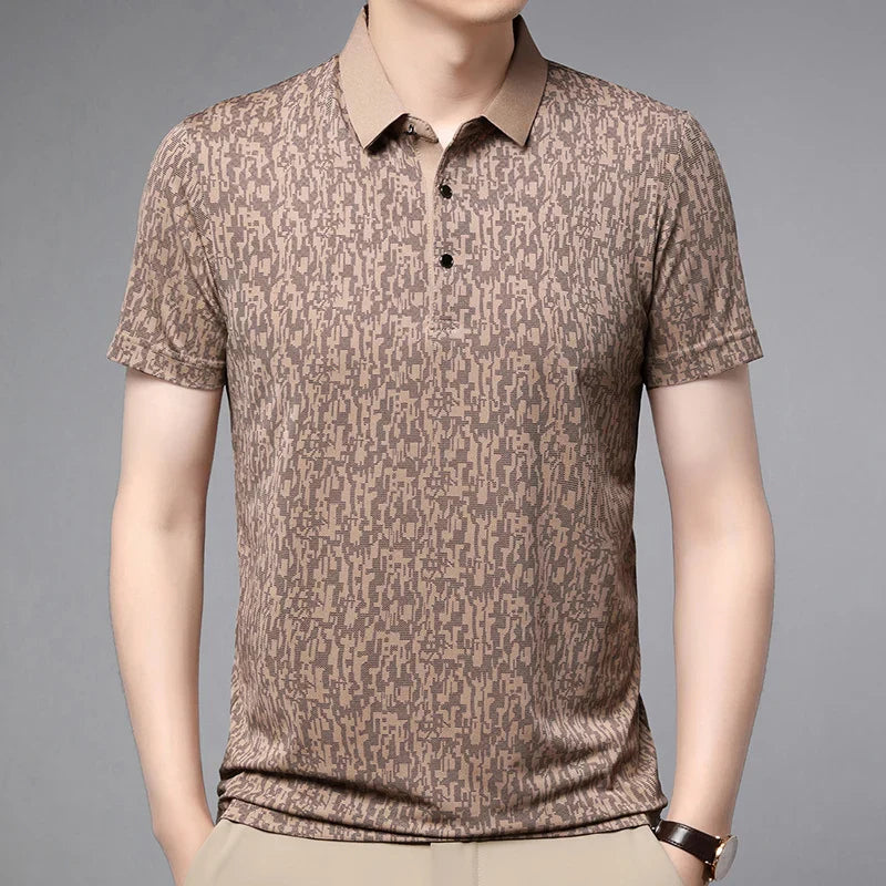 Auren Men's Jacquard Polo Shirt in textured brown fabric, featuring a structured collar and a soft, flexible fit.