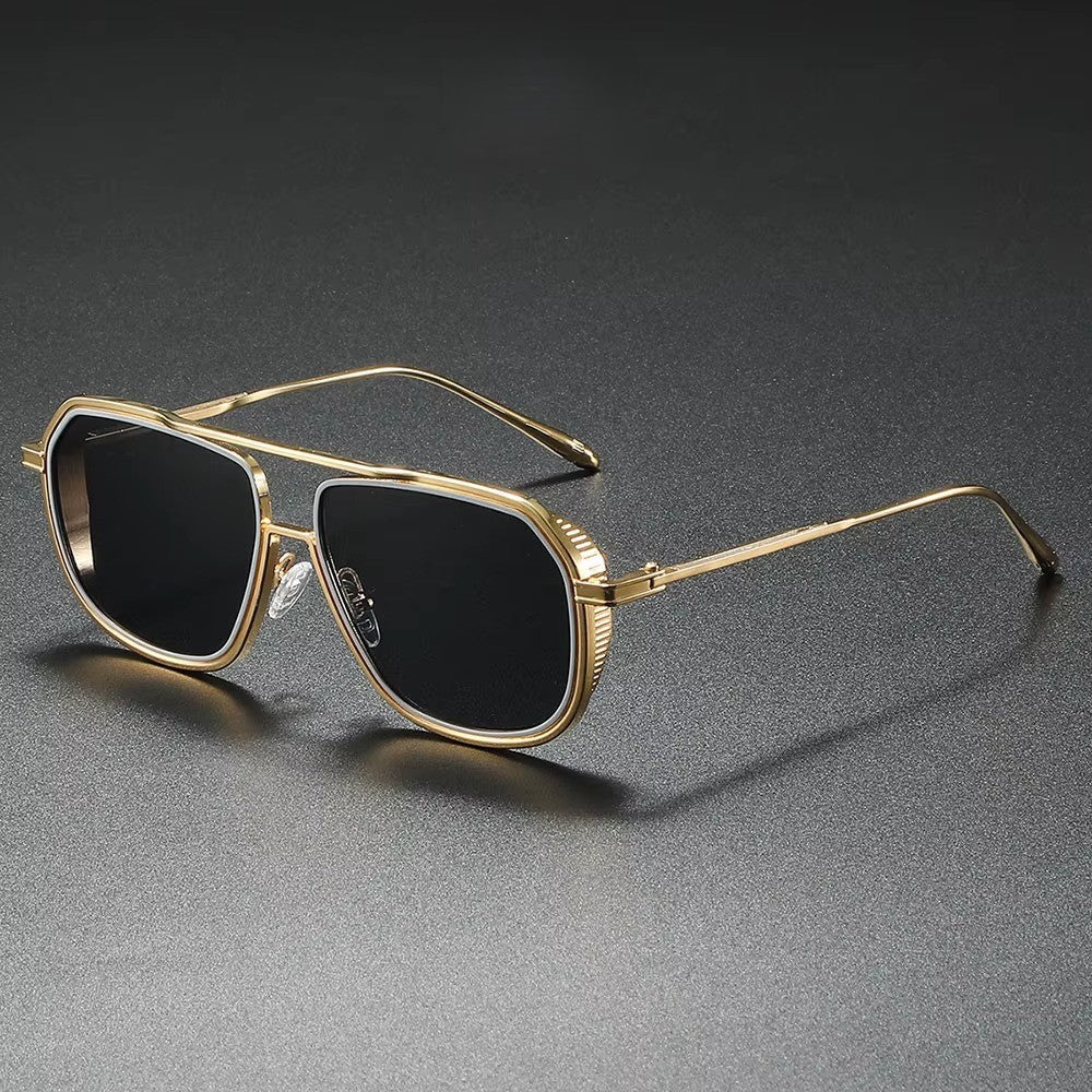 Stylish gold alloy aviator sunglasses with black tinted lenses and geometric frame for modern protection.