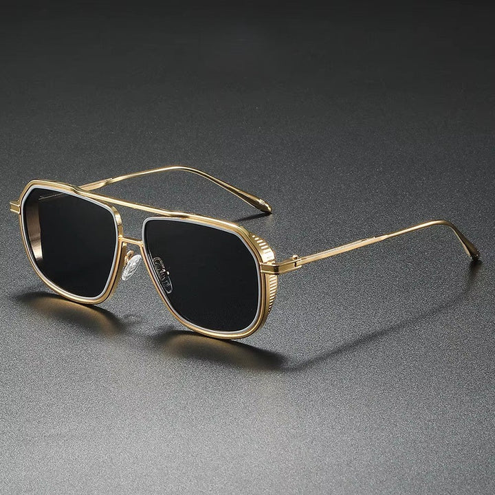 Stylish gold alloy aviator sunglasses with black tinted lenses and geometric frame for modern protection.
